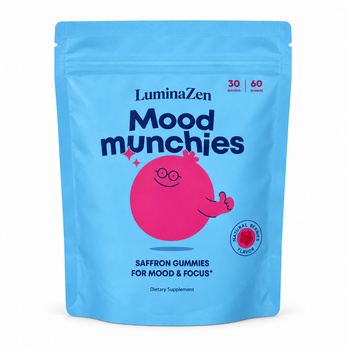 Blue Mood Munchies saffron gummies pouch with pink character, 30 servings and 60 gummies, on a clean white background